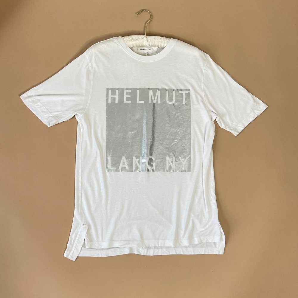 Helmut Lang Mens Silver Box Logo Film Print Short Sleeve Tshirt in Size M